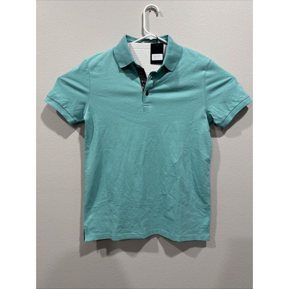 Jared Lang Polo Shirt Mens Medium Teal Floral Trim Cotton NWT 1016